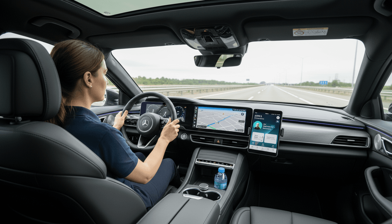 Motorista profissional de TVDE em carro moderno com foco na condução segura