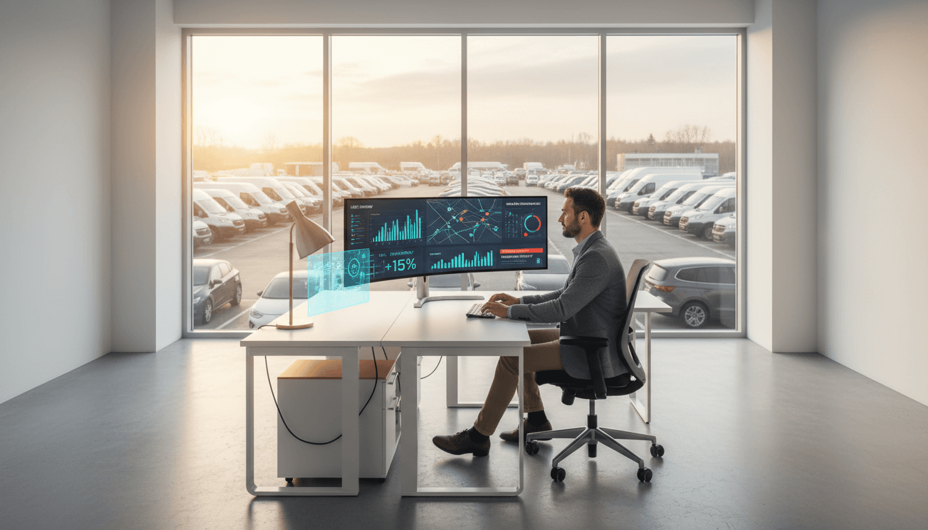 Painel de gestão de frotas moderno mostrando múltiplos veículos e análise de dados em tempo real